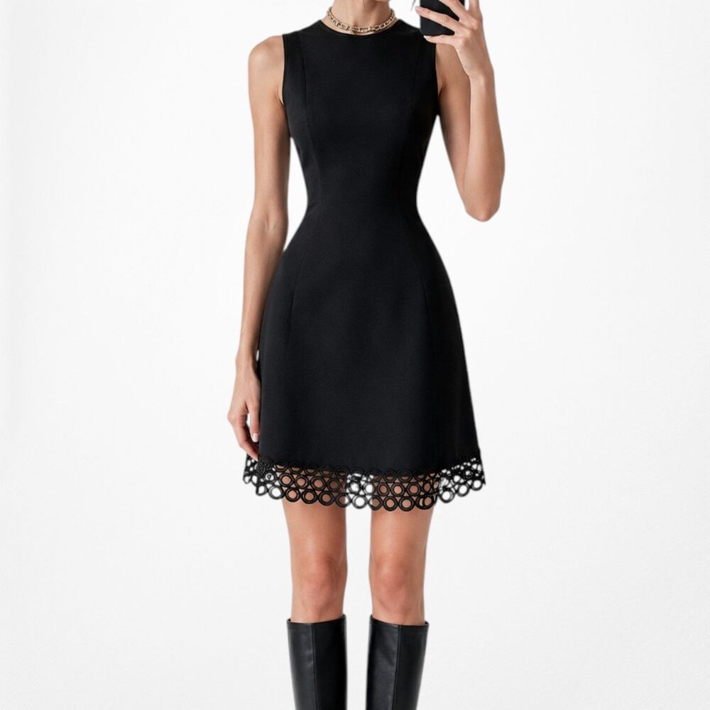 Vintage Y2K 90s Black Sleeveless Cutout Trim Knee Length Flared Cocktail Dress M